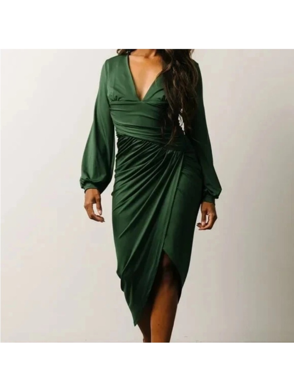 Baltic Born Dress Womens Medium Torino Ruched Midi Asymmetrical Green NWT